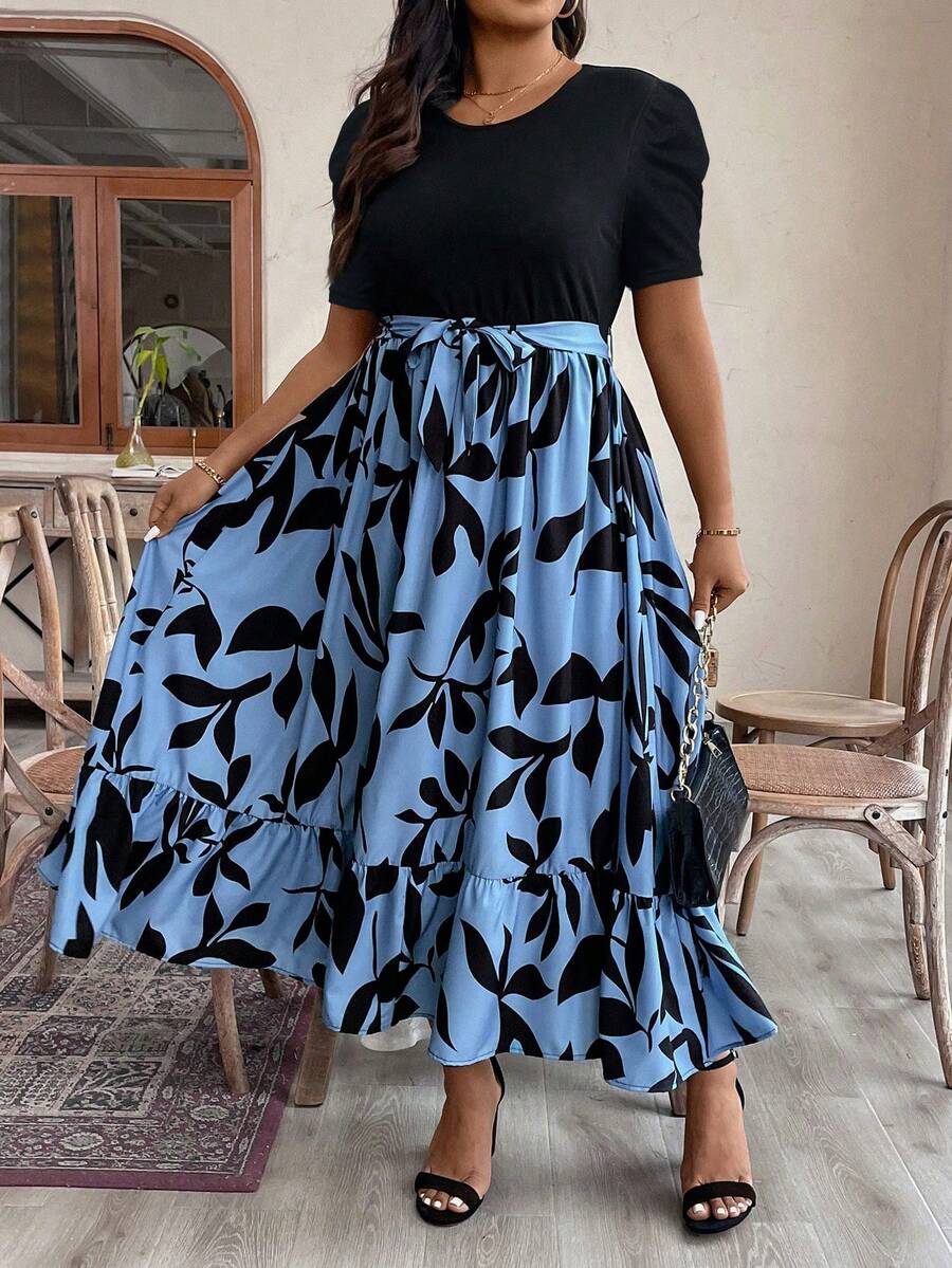 SHEIN LUNE Vestido Casual De Talla Grande Con Estampado De Plantas Y Parches, Cuello Redondo Y Manga Corta - Negro - Ver 1