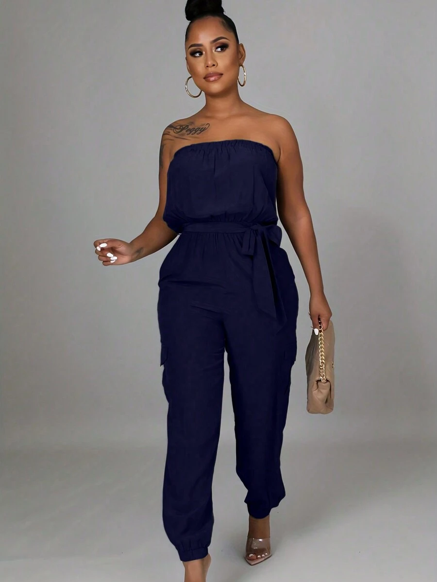 Glyssa Women Simple Design Strapless Jumpsuit With Belt, Pockets, Suitable For Casual Wear In Spring And Summer - Navy Blue - View 1