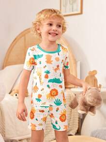 Young Boys' Simple Allover Print Animal Pattern Round Neck Short Sleeve Top 2pcs With Pants 3pcs Combination Set, Suitable As Snug Fit Home Wear - Multicolor - View 6