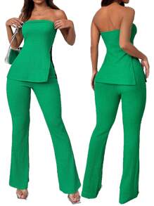 SHEIN SXY Summer Beach Ladies' Solid Green Color Strapless Crop Top & High Slit Skirt Two Pieces Set - Green - View 9