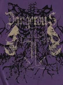 ROMWE MEN Grunge Punk Herren locker sitzendes T-Shirt mit gotischem dunklem Totenkopf- und Kreuz-Aufdruck für Halloween, Stil der 2000er Jahre