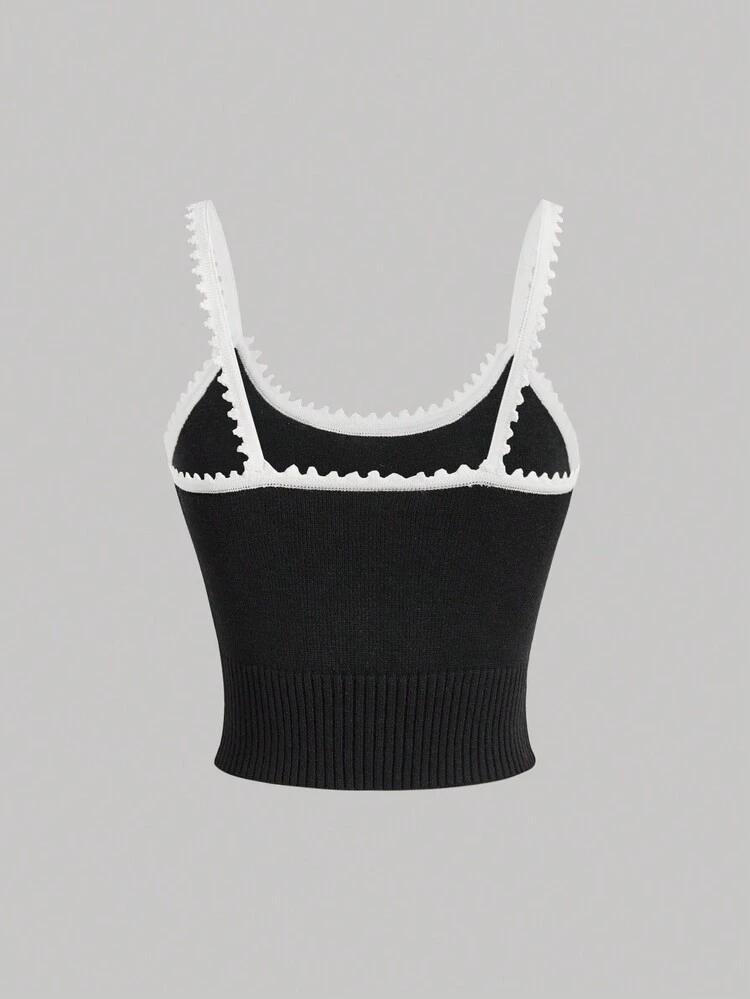 Spring And Summer Leisure Colorblock Slim Fit Knitted Camisole Top With Bow Decoration