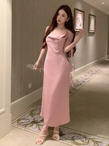 DAZY 女士夏季纯色无袖长款连衣裙简约优雅风格舞会礼服婚礼女士连衣裙