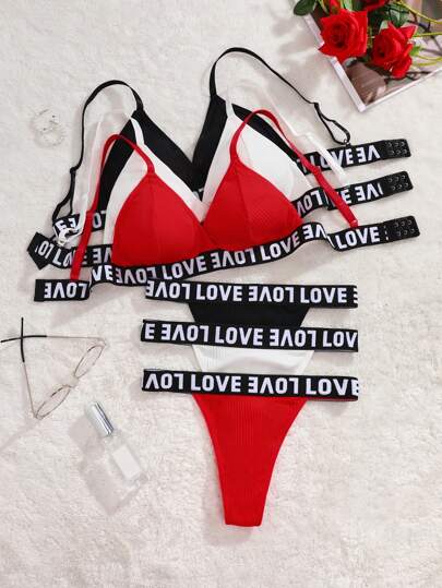 Contrast Letter Tape Women BH Slipje Lingerie Set, Pieces/Set Sports view 5