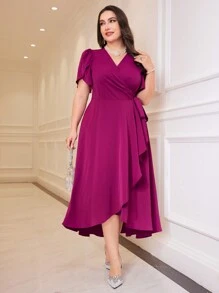 Modelyn 时尚不对称下摆 V 领长款大码女士连衣裙、婚礼宾客礼服长款晚礼服 - 玫紅色 - 查看 5