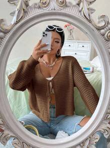 Flirla 大尺碼春季休閒純色鉸空針織系帶針織開衫 - 卡其色 - 查看 4