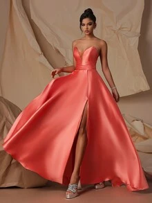 VIPGIRL Elegant Satin Deep V-Neck A-Line Long Gown With High Slit, Formal Evening Dress, Elegant Party, Prom Dresses For Women