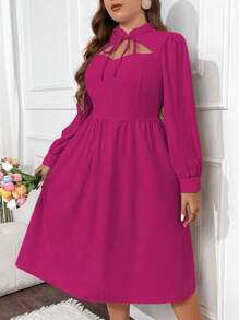 SHEIN Unity Plus Solid Color Romantic Long Sleeve Hollow Out Dress Fall Cloth For Women - Hot Pink - View 3