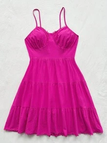 Soleia 女性大碼休閒假期意大利麵帶緊身純色層疊裙 - 玫紅色 - 查看 5