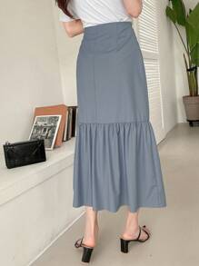 DAZY Women Fashionable Solid Color High Waist Long A-Line Skirt