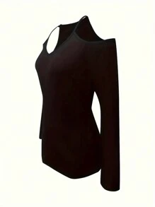INAWLY 女士實色露肩長袖休閒T恤，春季/夏季款 - 黑色 - 查看 6