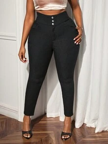Celure Pantalones vaqueros ajustados de talle alto y tallas grandes, elásticos y de ajuste delgado con sentido de diseñador - Negro - Ver 4