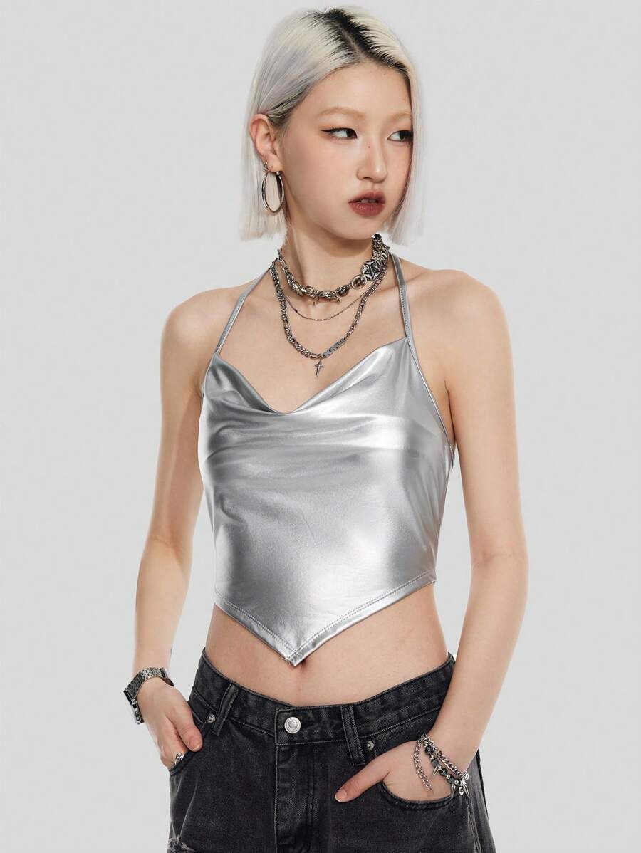 SHEIN Coolane Silver Halter Neck Women's Top - Silver - View 1