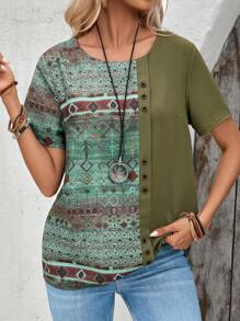 EMERY ROSE Women Vintage Printed Patchwork Casual Shirt For Summer Women Blouses - Army Green - View 5