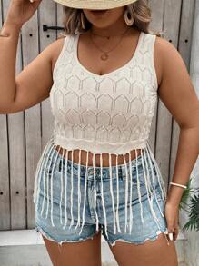 SHEIN VCAY Plus Size Hollow Knit Fringed Hem Crop Summer Vacation Tank Top - Apricot - View 5