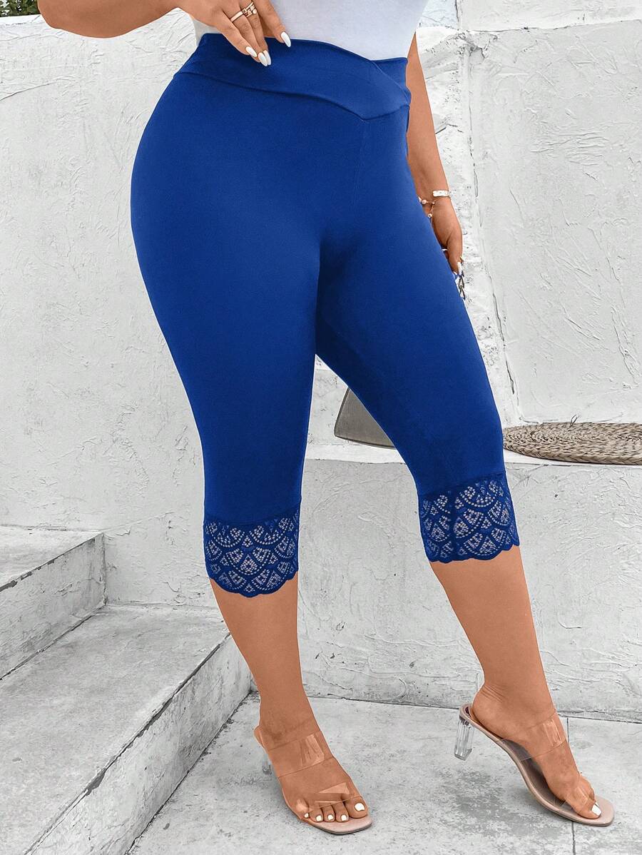 SHEIN LUNE Women Plus Size Lace Splice Elastic Waist Leggings In Solid Color For Casual Wear - Royal Blue - View 1