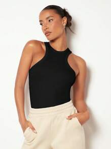 SHEIN BASICS 女士緊身小圓領背心上衣 - 黑色 - 查看 5