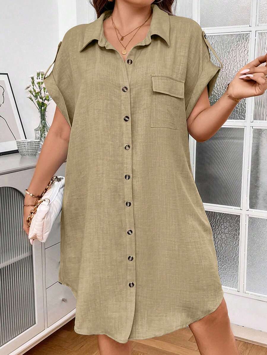 Calvaya Kích thước lớn Màu thuần Tay áo cuộn lên Mặt trước Nút Đầm giản dị - Màu Khaki - Xem 1