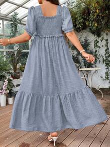 Breezaya Plus Size Đồng Màu Ruy Băng Thắt Nơ Xù Lông Tay Áo Đi Nghỉ Thường Ngày Xuân Hè - Màu xanh bụi bặm - Xem 2