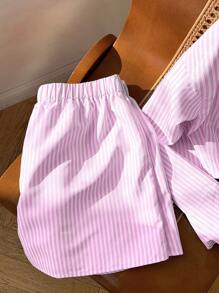 Comfortcana Women Striped Off-Shoulder Long Sleeve Shirt And Shorts Casual Set For Spring/Summer