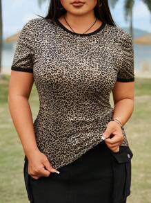 SHEIN EZwear Women Plus Size Summer Leopard Print Small Round Neck Slim Fit T-Shirt - Multicolor - View 1