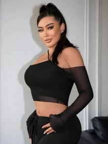 SHEIN SXY x STAS 女士露肩透视休闲春夏上衣 - 黑色 - 查看 6