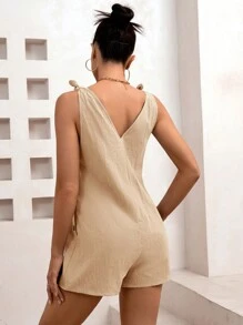 SHEIN Essnce Bộ áo liền quần không tay cổ chữ V màu trơn cho nữ Quần áo mặc ở nhà - Màu Khaki - Xem 2