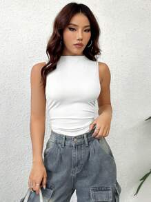 Flirla Ladies' Casual Solid Color Stand Collar Pleated Sleeveless Bodysuit For Spring And Summer