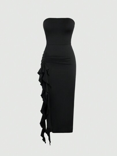 Sweetra Vestido tubo maxi con diseño asimétrico y cintura imperio de moda para mujer, elegante vestido largo negro liso con fruncido, volantes y abertura en el muslo, sin mangas y sin tirantes, ajustado, vestidos largos para mujer para primavera/verano, atuendos de fiesta/discoteca, estilo Y2K, vestido de fiesta de cumpleaños