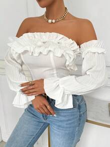 Chiquease Women Off-Shoulder Solid Color Blouse With Ruffle Trim - White - View 5