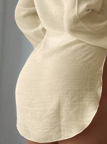 Selianne Summer Beach Solid Side Slit Front-Button Long Sleeve Kimono - Apricot - View 4