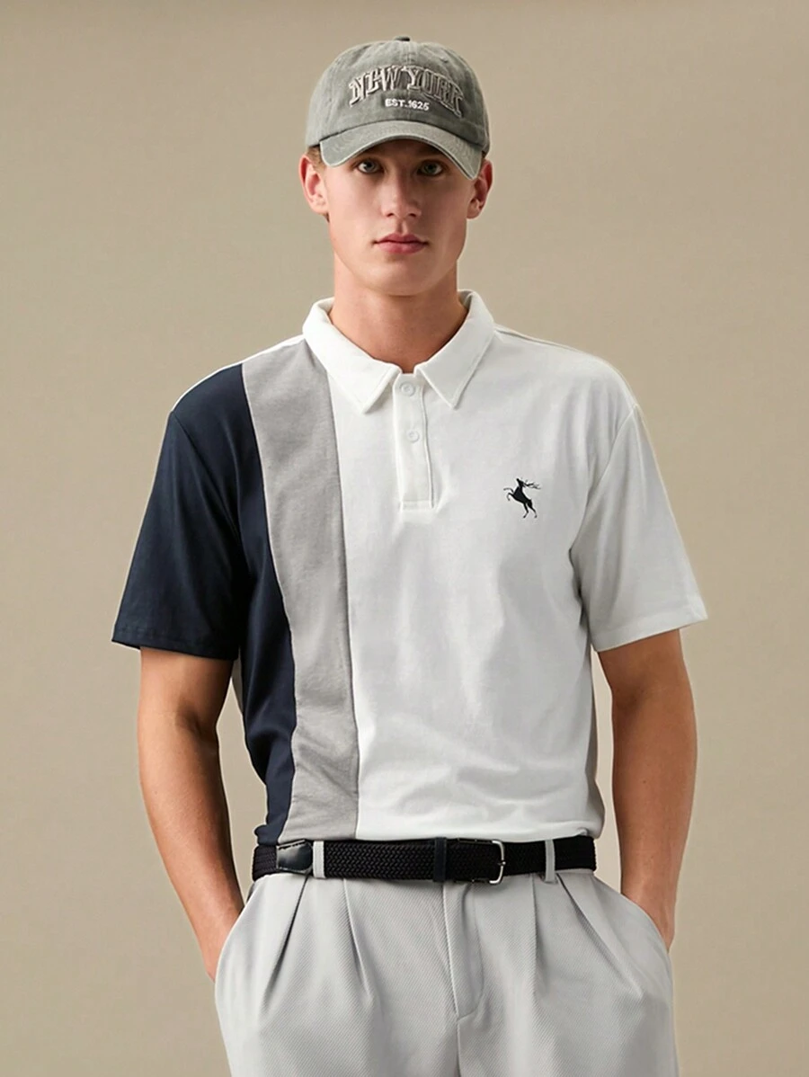 Manfinity VCAY Men Cotton Deer Print Colourblock Polo Shirt - Multicolor - View 1