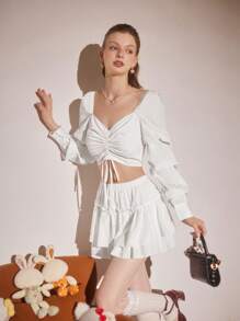 Aveloria Rosie Camisa corta de manga larga con cordones y cuello dulce en unicolor para mujer, informal de primavera y verano con pliegues