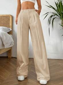 SHEIN EZwear 女性實色打褶鬆身休閒寬腿褲，帶有斜向口袋 - 卡其色 - 查看 4