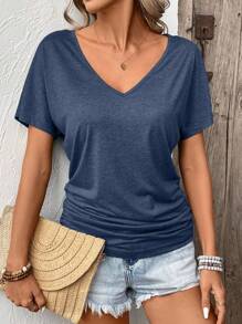 SHEIN Frenchy Ladies Simple Solid Color Pleated Daily/Holiday T-Shirt V Neck Topsv Neck T Shirtdark Blue Top Summer Casual - Dusty Blue - View 4
