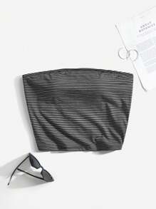 SHEIN BASICS Women's Plus Size High Elastic Striped Knitted Strapless Top With Chest Pads