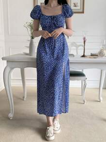 DAZY 女士印花中长连衣裙，侧开衩花卉图案，挤奶女工连衣裙，度假装扮 - 藍色 - 查看 7