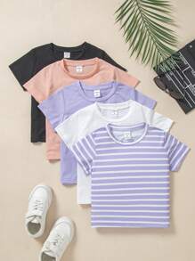 SHEIN 5pcs/Set Young Boy Color Block Striped And Plain Short Sleeve Casual T-Shirts, Suitable For Beach Vacation In Summer - Purple - View 1