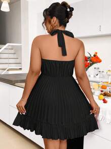 Elenzga Vestido de verano con cuello halter y plisado en talla grande, unicolor - Negro - Ver 2