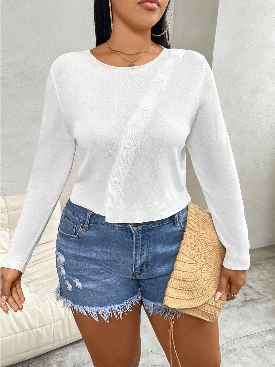 Calvaya Plus Size Women Round Neck Long Sleeve Single-Breasted Short Cardigan - White - View 1