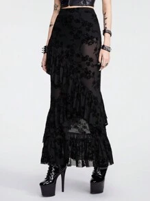 ROMWE Goth Mesh Flocked Rose Floral Pattern See-Through Sexy Women Skirt With Ruffle Hem Design, Mid-Length, And Bodycon Fit - Black - View 4