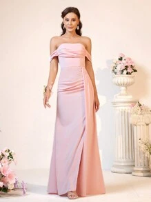 SHEIN Belle Elegant Light Pink Off Shoulder Pleated Gown With High Split And Fish Tail For Bridesmaid