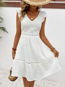 SHEIN Frenchy 女士夏季度假純色蕾絲拼接短袖A字裙，白色棉質連衣裙，使用純棉面料製成，白色中長裙，波希米亞女裝 - 白色 - 查看 5