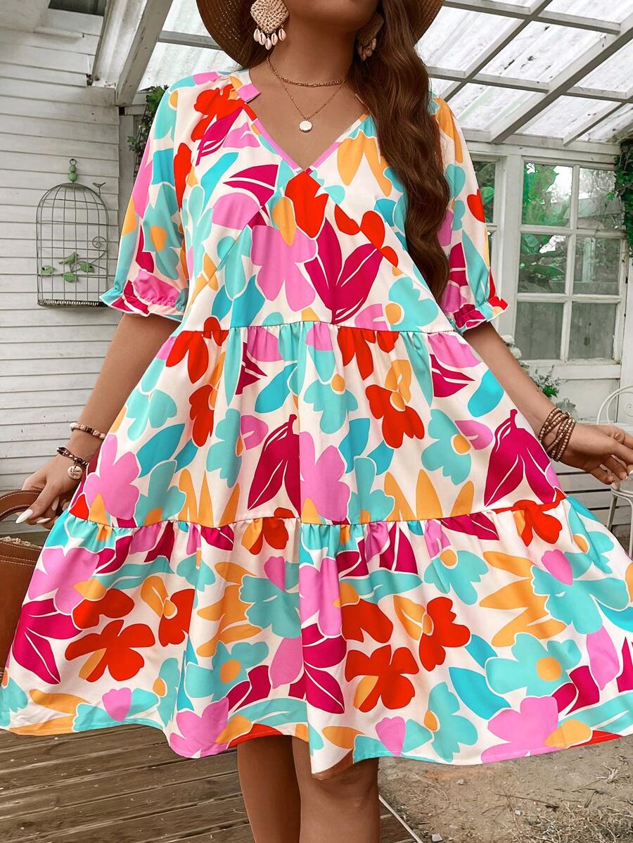 SHEIN LUNE Đầm dự tiệc mùa hè tay ngắn cổ chữ V in hoa cỡ lớn - Nhiều màu - Xem 1