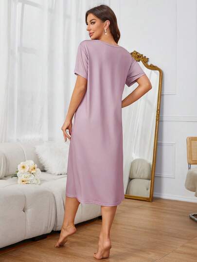 Drawn Leopard Print Heart Shaped Text Pattern Round Neck Short Sleeve Women Sleep Dress Pajama Dress, Moo view 2