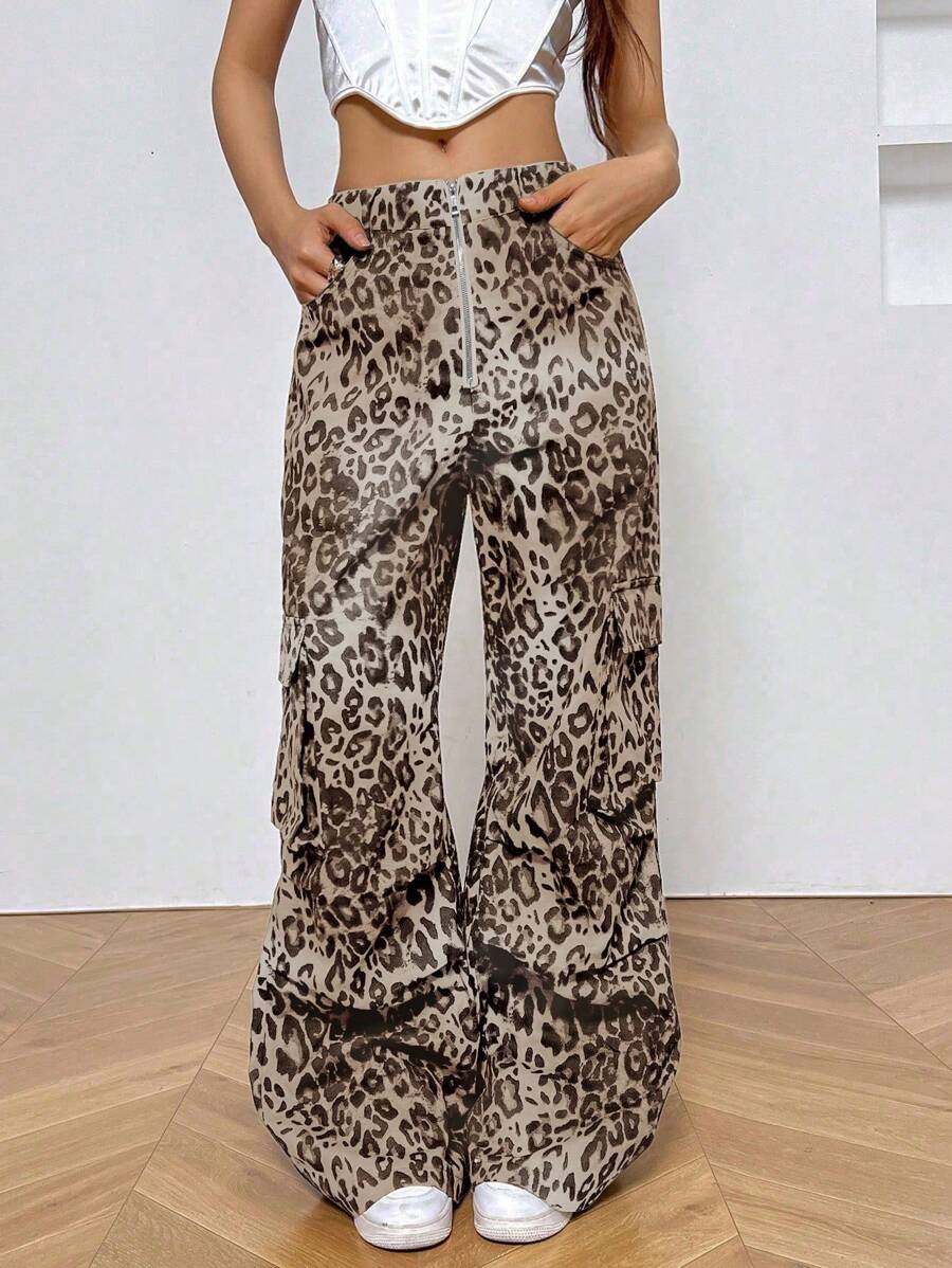 SHEIN Unity Leopard Print Zipper Front Casual Cargo Trousers Fall Cloth For Women - Black and White - View 1
