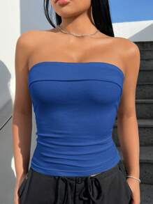 SHEIN EZwear Knitted Slim Fit Ruched Strapless Top With Ribbed And Pleated Detail For Summer Fashion - Blue - View 5