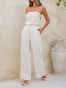 SHEIN Clasi 女士純色無肩帶上衣和直筒褲夏季簡約休閒兩件套裝