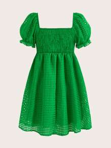 SHEIN Unity Women Summer Square Neck Short Puff Sleeve Doll Checkered Dress - Green - View 2
