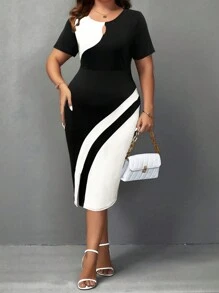 Rometta Plus Size Colorblock Round Neck Short Sleeve Daily Dress